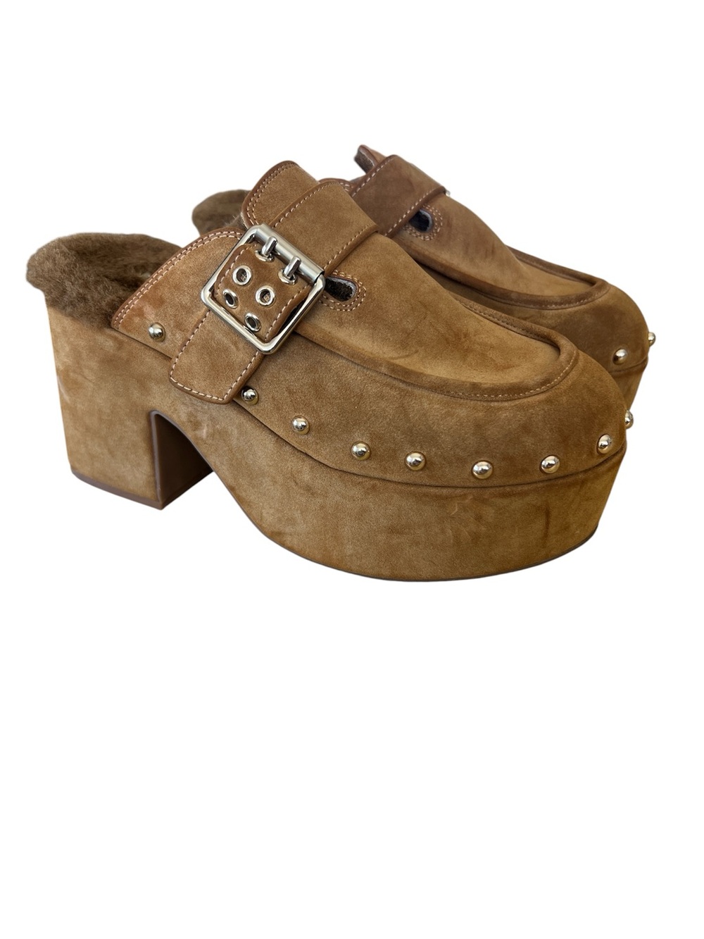 Free People Suede Shearling Studded Clogs Mules Buckle Size 6 - Picture 5 of 9